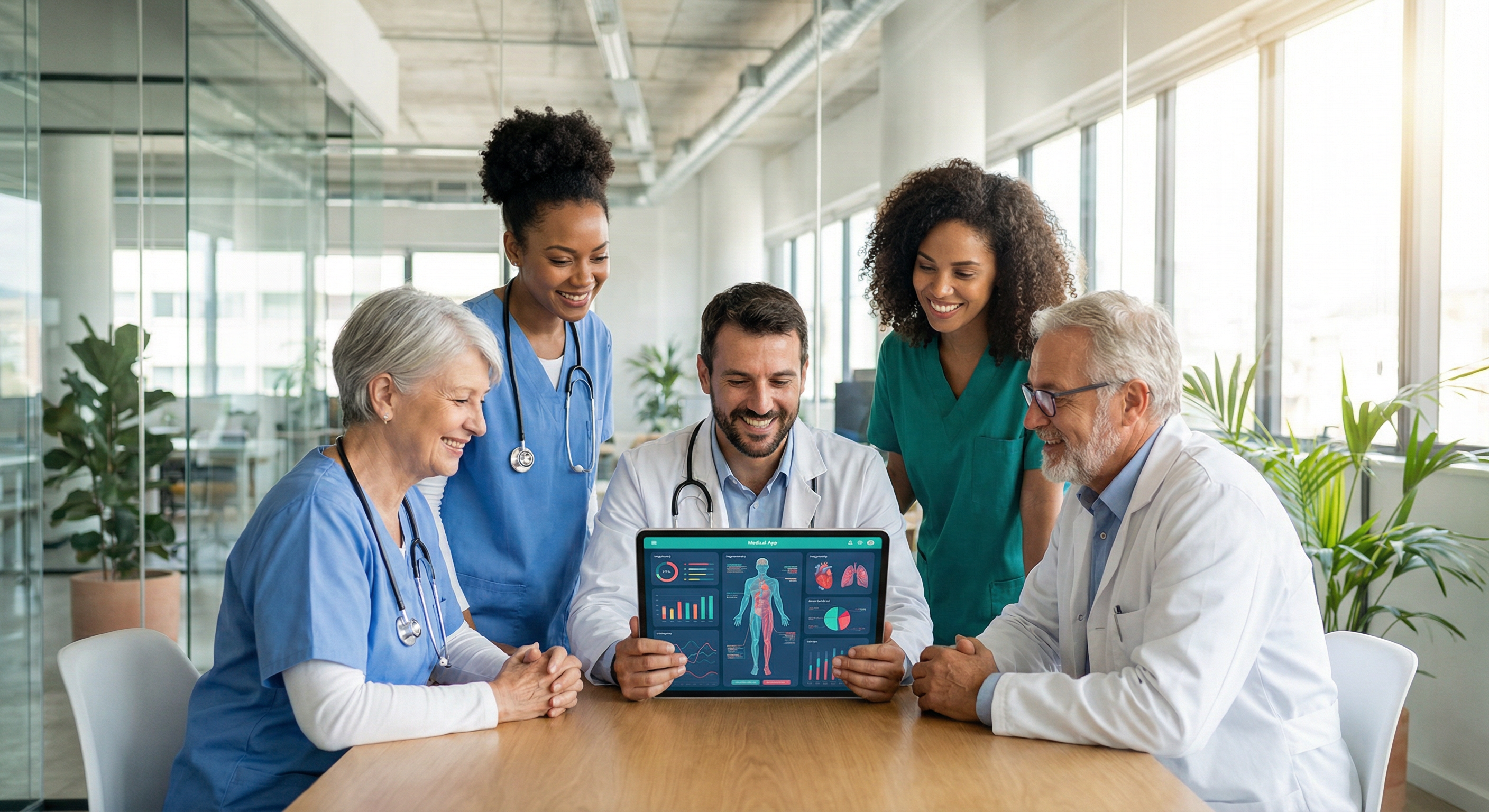 Healthcare and education team collaborating with a tablet