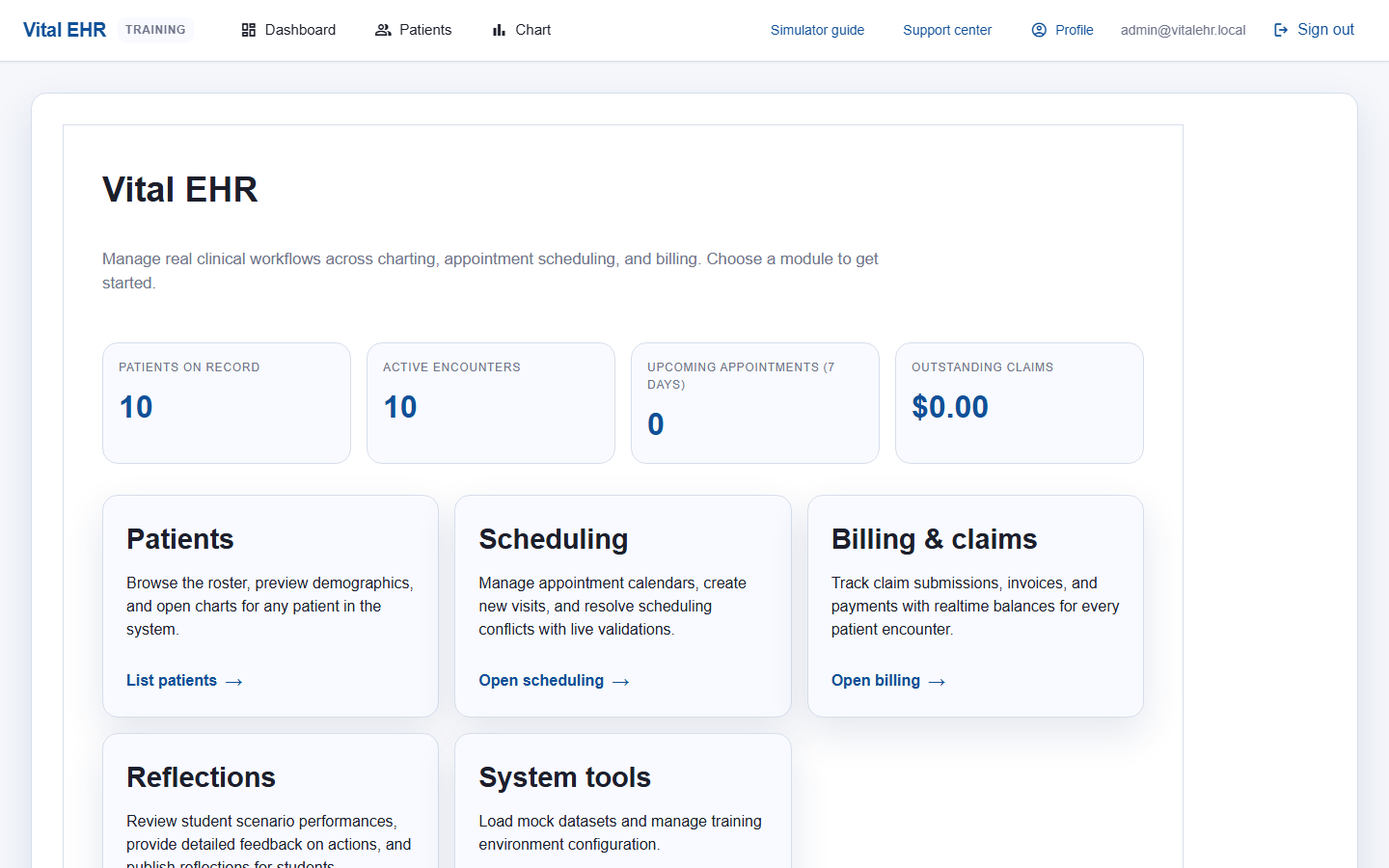 Vital EHR home dashboard