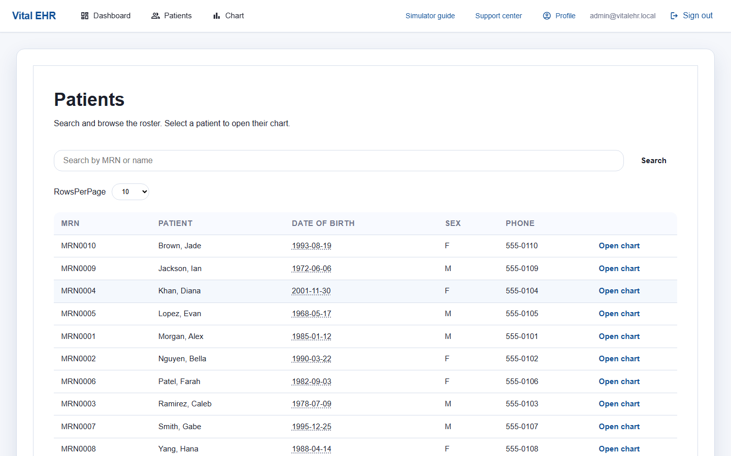Vital EHR patients list