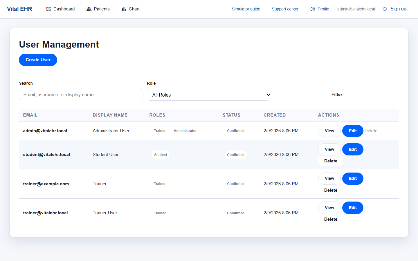 Vital EHR admin users